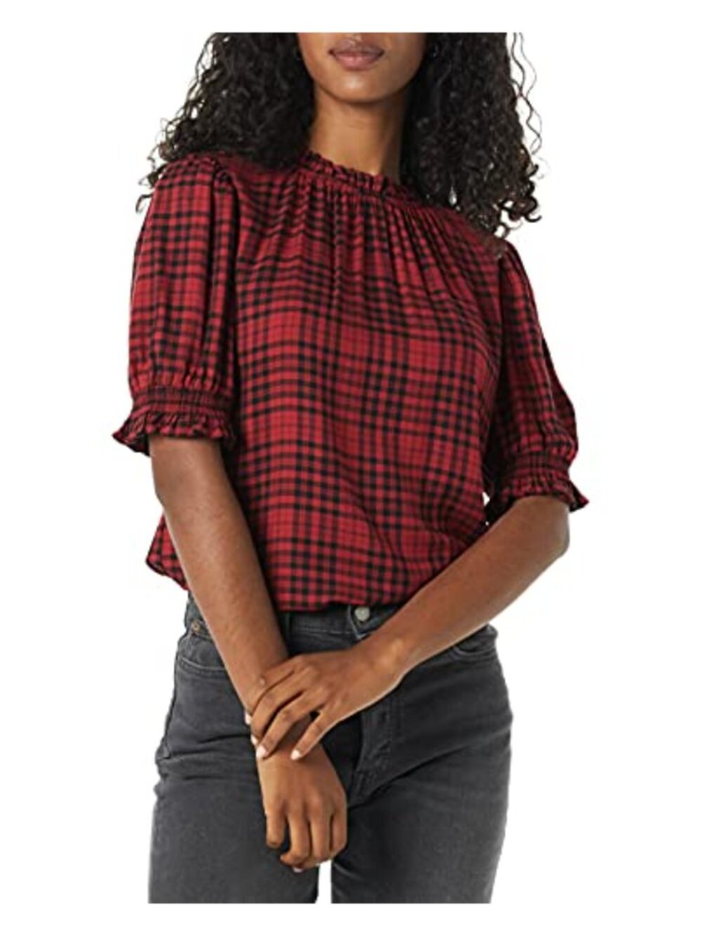Women's Fluid Twill Short Puff Sleeve Smock Blouse